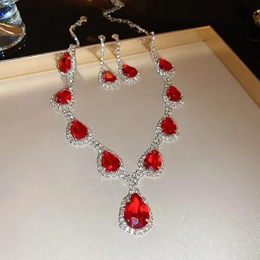 Boho Large Hollow Cutout Red Rhinestone Long Pendant Necklaces Drop Dangle Earrings Matching Jewelry Sets For Women Holiday Party Occasion view 2