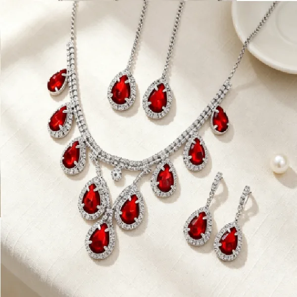 Boho Large Hollow Cutout Red Rhinestone Long Pendant Necklaces Drop Dangle Earrings Matching Jewelry Sets For Women Holiday Party Occasion
