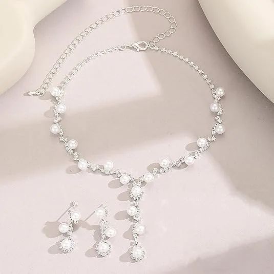 French Glam Teardrop Rhinestone Pearl Y Drop Necklaces Dangle Earrings Women Bridal wedding Jewelry Sets view 2