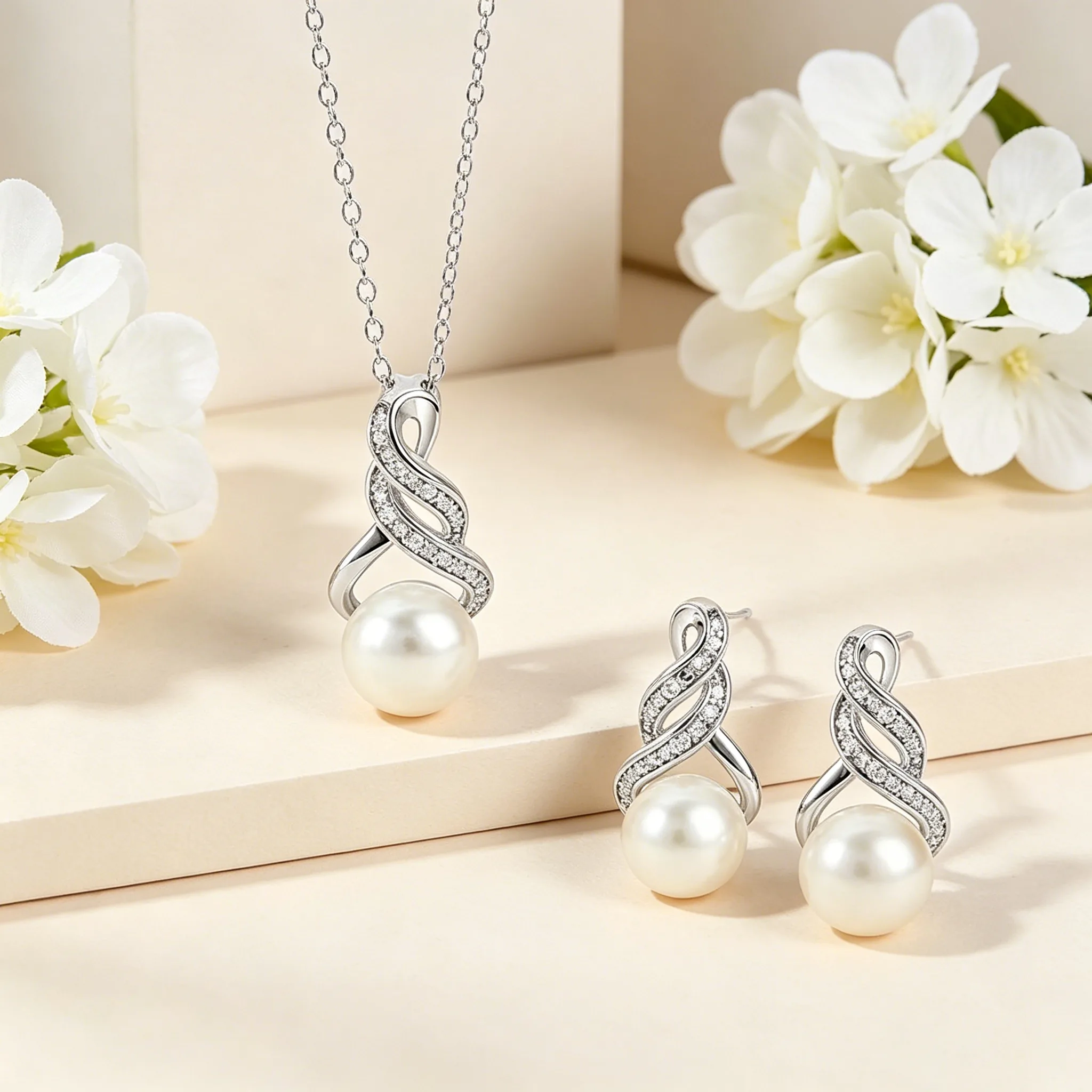 Minimalist Twisted Line Rhinestone Imitation pearl Pendant Necklaces Drop Earrings for Women elegant designer Jewelry Sets view 2