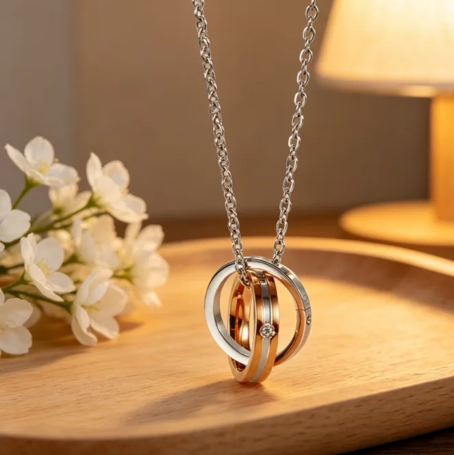 Classic stainless steel chain Double Ring Engraved LOVE Pendant Necklaces Couple Statement Necklaces Minimalist Valentine Gift Fashion Jewelry