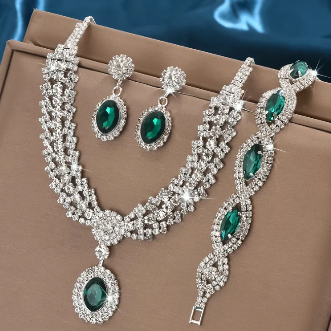 Vintage Royal Luxury green Rhinestone Pendant Necklaces diamond Bracelet Drop Earrings Wedding Banquet Women Statement Jewelry view 3