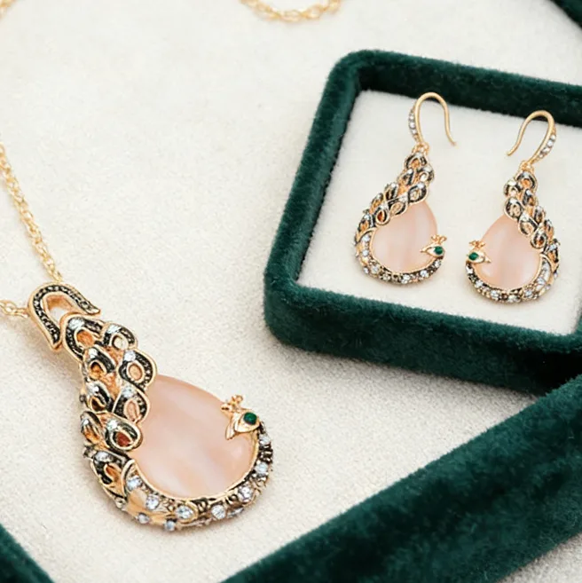 Peacock Shape Teardrop Cabochon Pendant Thin Link Necklaces Hook Drop Earrings Charms Bridal Wedding Elegant Party Jewelry for women view 3
