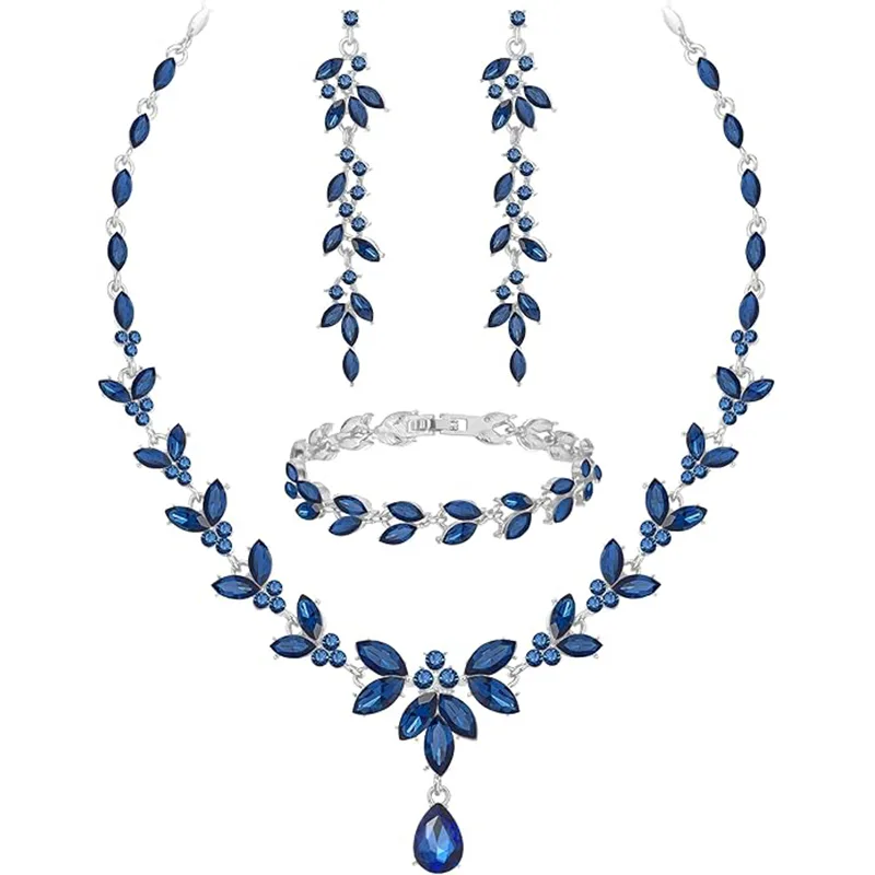 Trendy blue Rhinestone Inlaid Charm Designer waterdrop Pendant Necklaces leaf Drop Dangle Earrings Bracelets Jewelry Sets for Women gift view 3