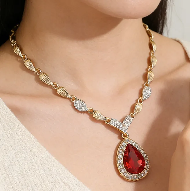 luxury Champagne Teardrop Halo Pendant Collar Necklaces Drop Earrings waterdrop Charms ring bracelet Wedding Jewelry for women set view 3