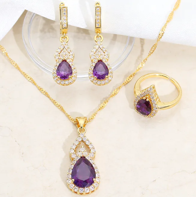 ruby Zircon Red Teardrop Halo Pendant Necklaces Hoop Drop Earrings Adjustable Open Ring Wedding Women Jewelry joias de luxo view 3
