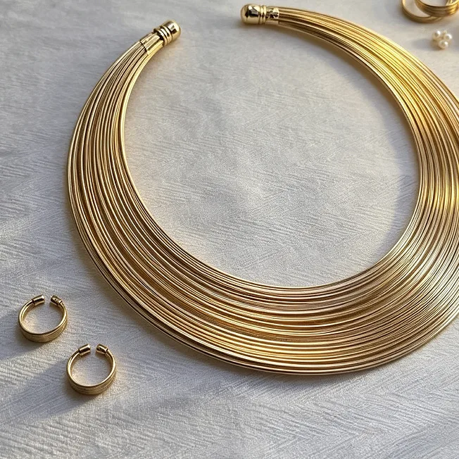 Minimalist Multi Layer Linear Geometric Open Collar Necklaces Hoop Earrings Wide Layered Open Cuff Bangle Stackable Rings Women Jewelry Sets view 3