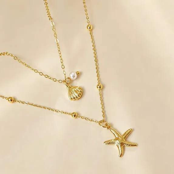 Vacation Ocean Style Multi Layer Starfish Shell Pearl Pendant Necklaces Bead Stacked Chain Necklaces for Women Summer Beach Layering Jewelry view 2