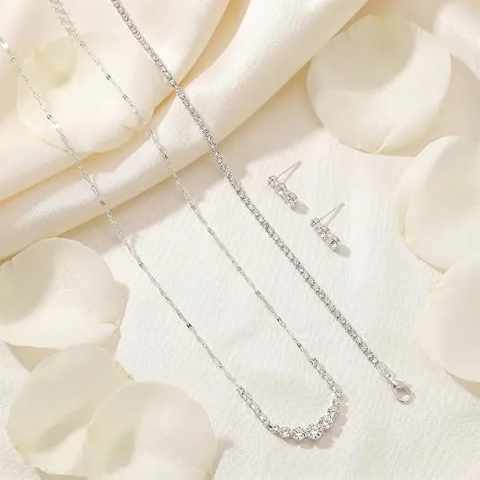 Elegant Pave Clear Rhinestone V-Shaped Pendant Necklaces Three Round Stone Drop Earrings Tennis Rhinestone Link Bracelets Women Wedding Banquet Gift Jewelry Sets view 2