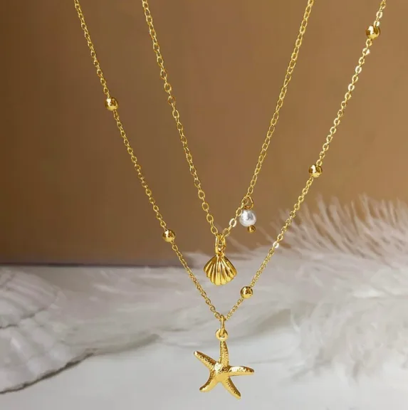 Vacation Ocean Style Multi Layer Starfish Shell Pearl Pendant Necklaces Bead Stacked Chain Necklaces for Women Summer Beach Layering Jewelry