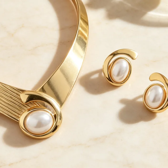 Muxcor Trendy Irregular Letter E- Alloy Earring Collar Bracelet Set Gold Plated Pearl Stone Fahion Jewelry Sets For Women