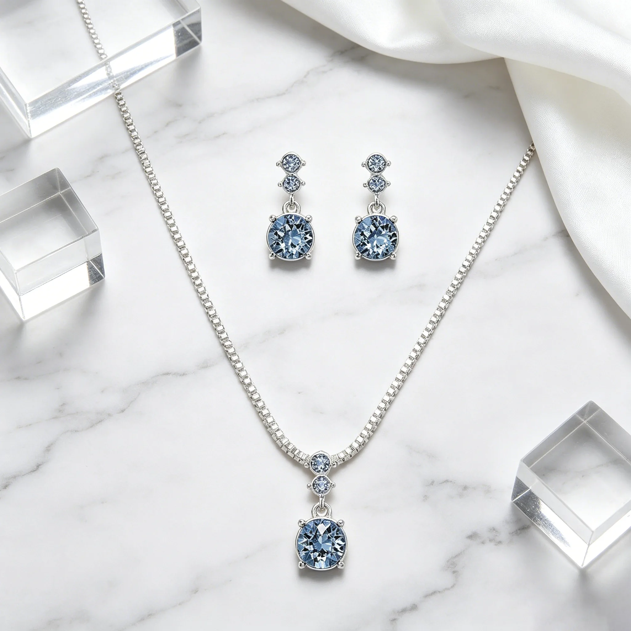 Elegant Round blue Stone Pendant Necklaces Drop Earrings for Women Wedding Jewelry Sets Fashion Accessories view 2