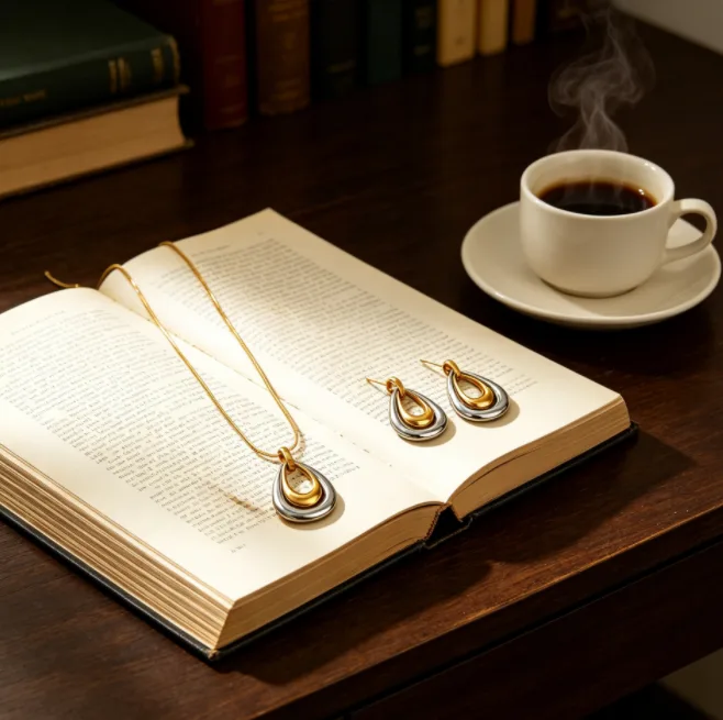 Two Tone Double Layer Teardrop Pendant Stainless Steel chain Necklaces Earrings Minimalist Women Fashion non-allergenic Jewelry view 2