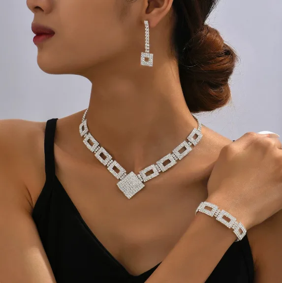 Square Hollow Frame Rhinestone Geometric Irregular Pendant Necklaces Drop Dangle Earrings trendy Bracelets Jewelry Sets for Women bridal view 3