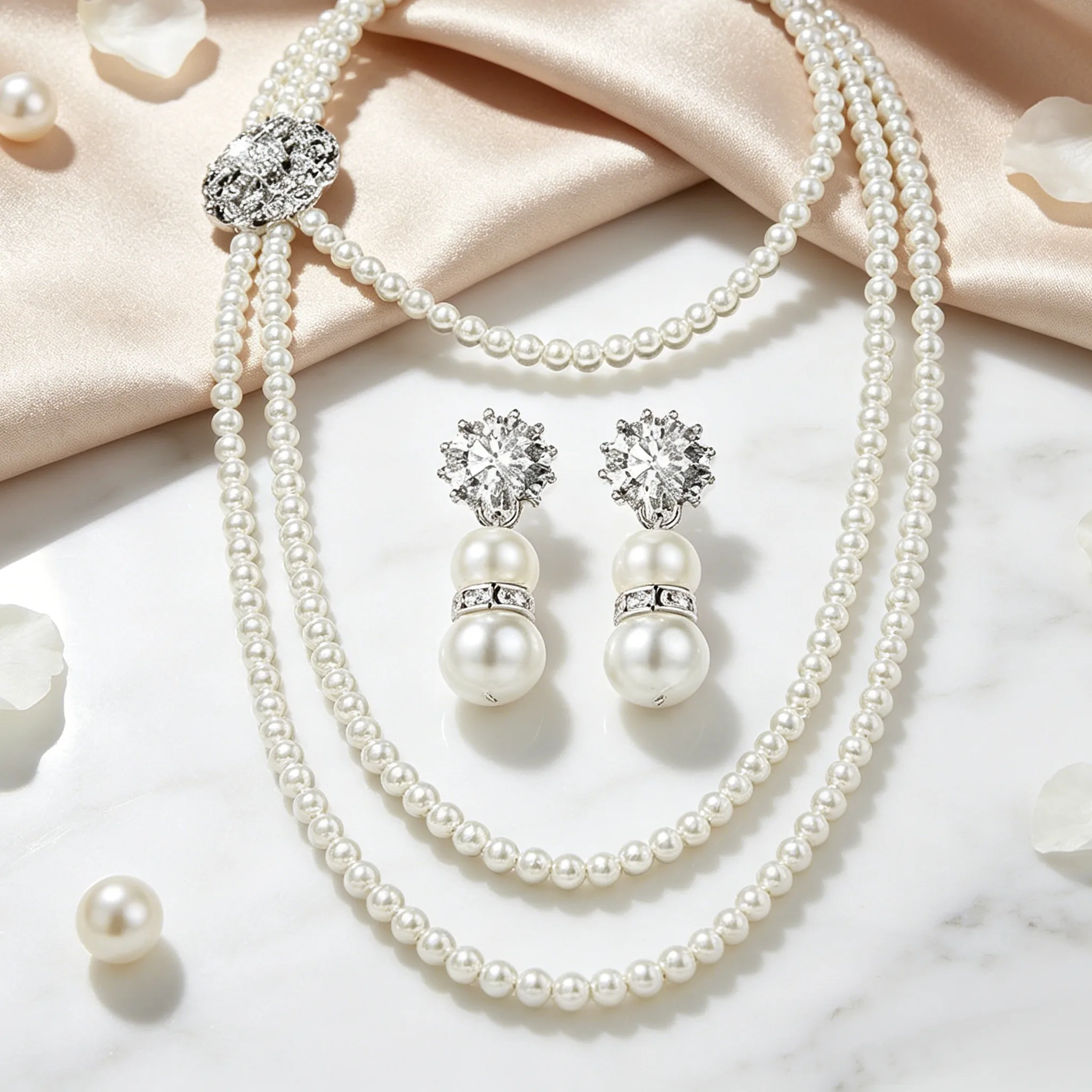 Chic Multi flower Imitation Pearl Layered long Necklaces Floral Drop Earrings Women for Evening Party wedding Jewelry Sets