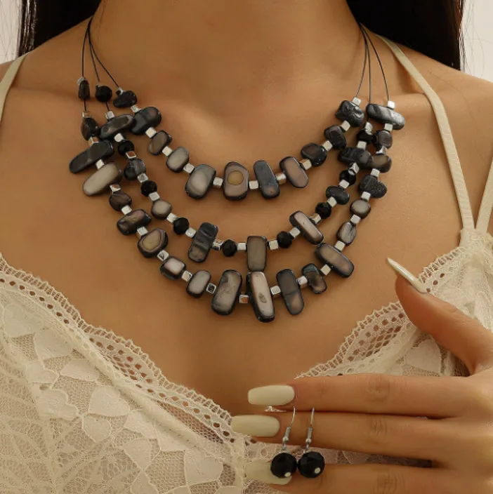 Light Green Multi Wire Chunky Layered Beaded Collar Necklaces Tiny Dual Bead Hook Earrings Summer Fresh Delicate Daily Fashion Jewelry for women view 2
