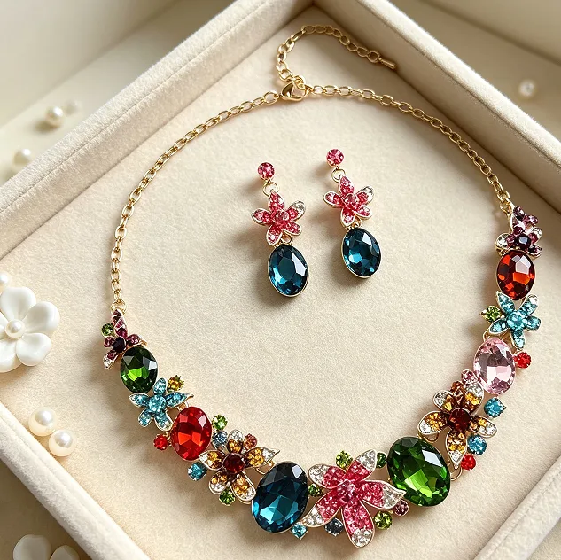 Vintage Bold Floral Cluster Emerald Cut Rhinestone Collar NecklacesTeardrop flower Drop Earrings Ornaments Women Formal Banquet Statement Jewelry Sets