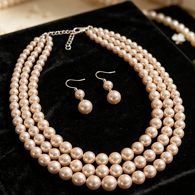 Glossy black beaded Imitation Pearl Multi Layer Collar Necklace Dual Gradient Round Drop Ear Ornaments Women French Retro Maillard Tone Evening Dress Jewelry Sets