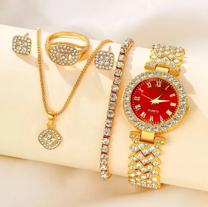 Full Rhinestone Round Dial Wrist Watch Square Pendant Thin Chain Necklaces Stud Earrings tennis Bracelet Ring Women Luxury All In One Jewelry Watch Sets view 3