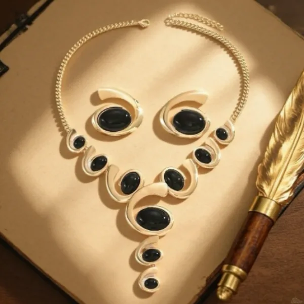 Modern Abstract Oval Black Stone Y-Shaped Necklaces Curved Frame Drop Earrings Women Trendy Party Statement chunky Jewelry Sets view 2