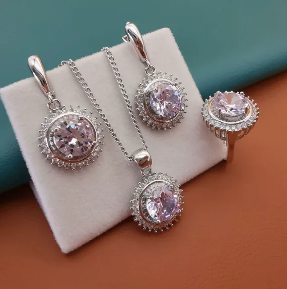 blue Rhinestone round pendant necklace classic wholesale hoops earrings ring for Women luxury jewelry sets view 2