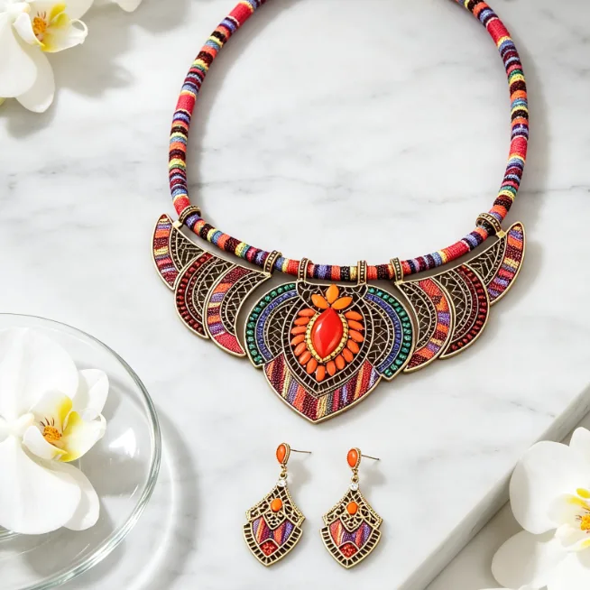 Bohemian red Ethnic Colorful Fabric Statement Choker Necklaces Geometric Block Dangle Earrings Women bridal vintage Jewelry Sets view 3