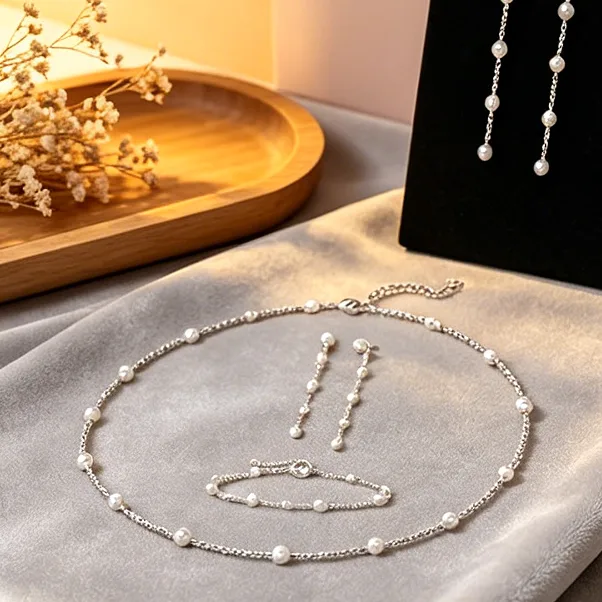 whoselase fashion white Imitation Pearl chain necklaces bracelet drop earrings sets for Women bridal wedding jewelry