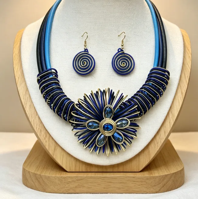 Ethnic Handmade Blue Golden Striped Floral Bib Pendant Necklaces Spiral Circle Drop Earrings Bohemian Vacation Women Statement Jewelry