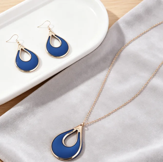 Matte Blue Enamel Hollow Water Drop Pendant Necklaces Long Dangle Earrings Minimalist Women Statement designer inspired Jewelry Sets view 2