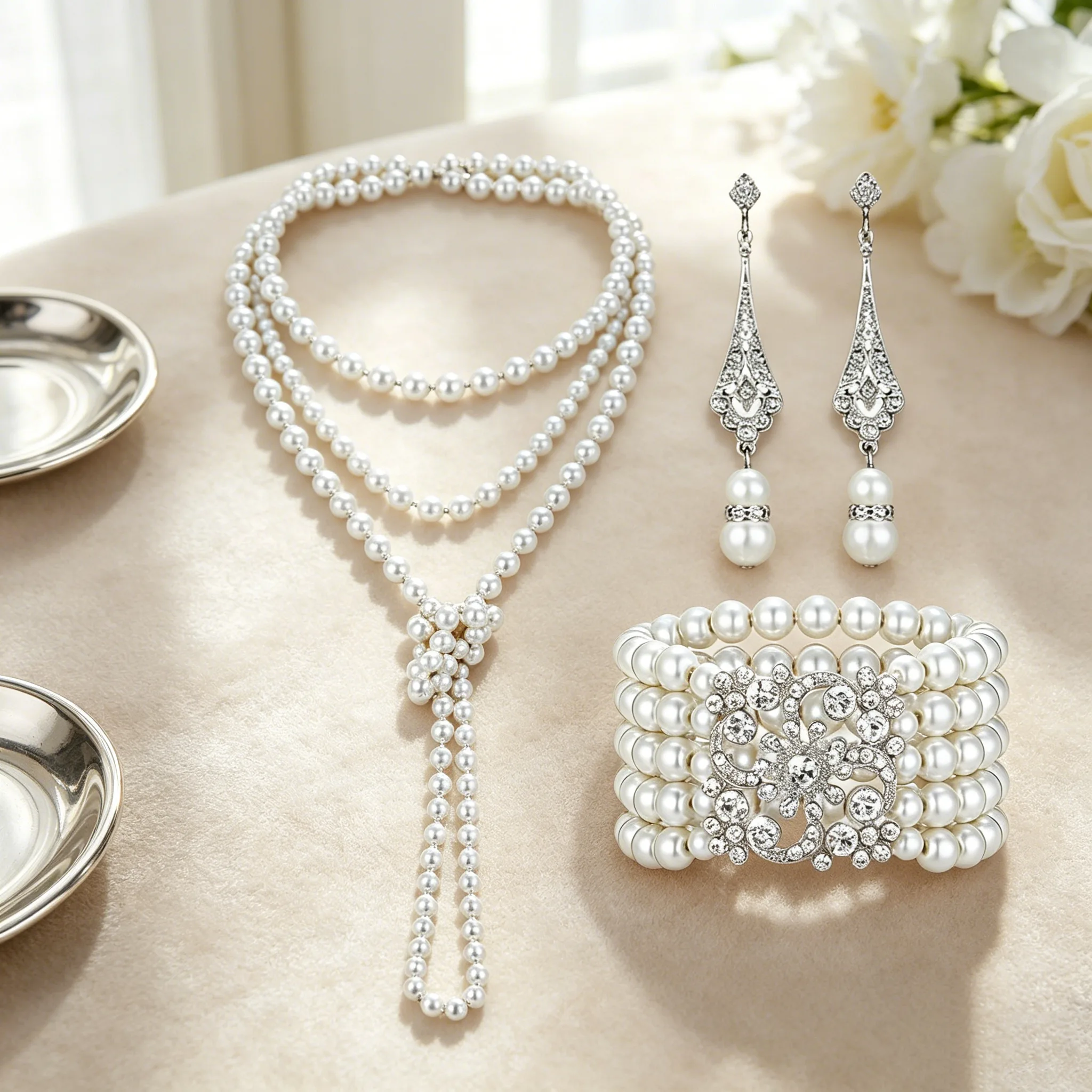 French long Tassel Y Shape Pearl Necklaces Rhinestone Drop Earrings Multi layer wide Bracelets Jewelry Sets for Women Wedding view 2