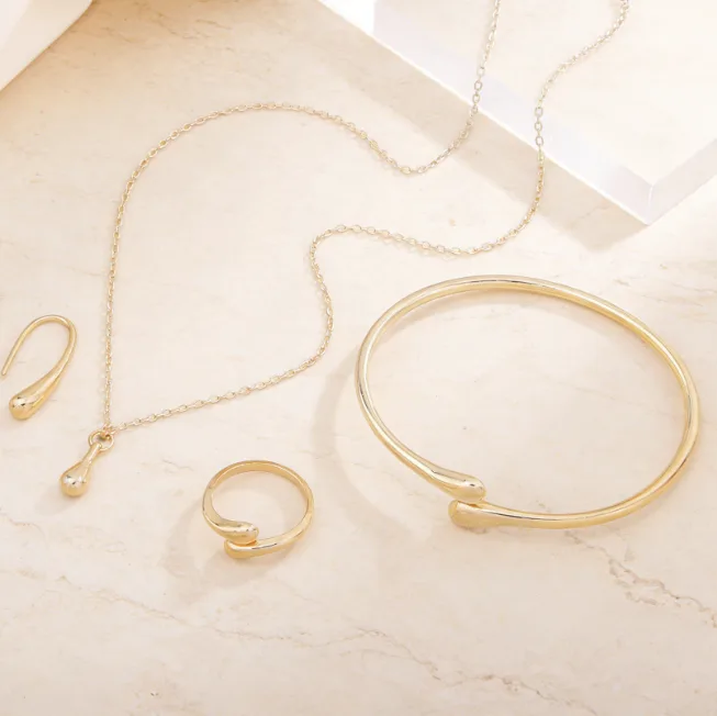 Minimalist Teardrop Pendant Necklaces Open Cuff Bangle Drop Earrings Adjustable Ring Versatile Smooth Golden Fashion Jewelry for women view 2