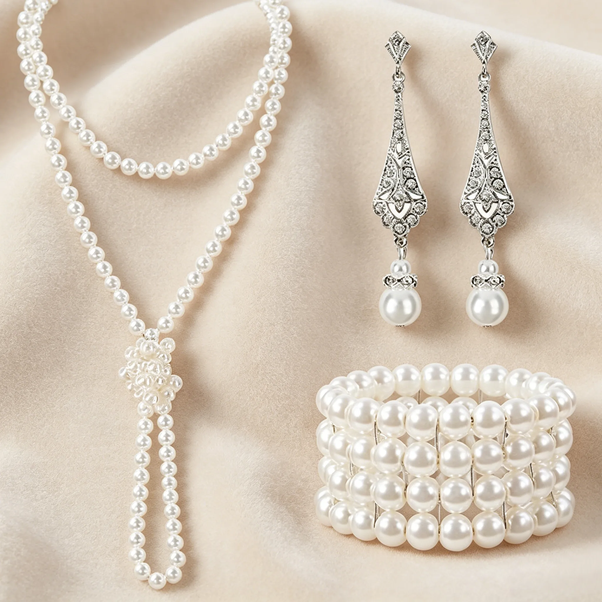 Classic Multi Strand Round Imitation Pearl Beaded Necklaces Rhinestone Accent Pearl Drop Earrings Wide Pearl Bangles Jewelry Sets For Women wedding gift