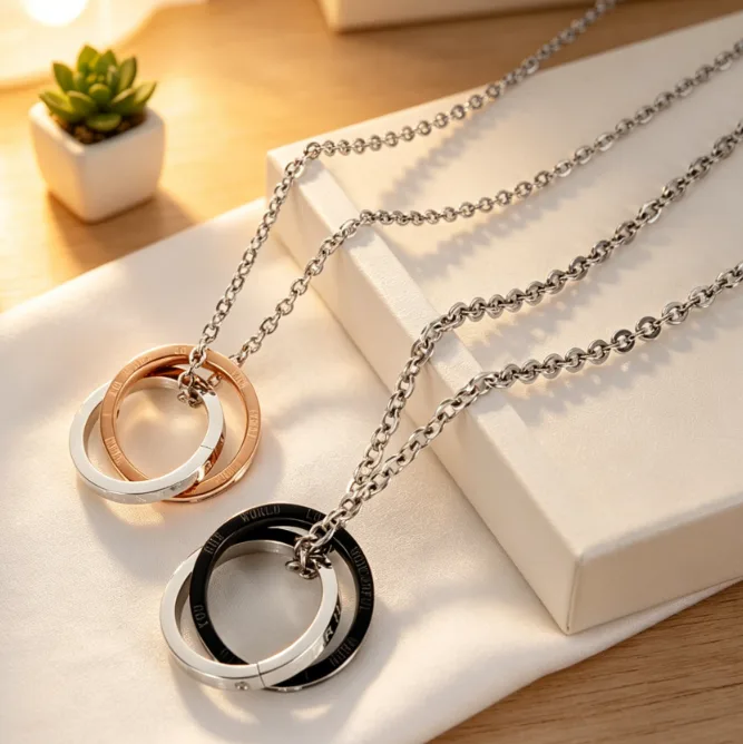 Classic stainless steel chain Double Ring Engraved LOVE Pendant Necklaces Couple Statement Necklaces Minimalist Valentine Gift Fashion Jewelry view 2