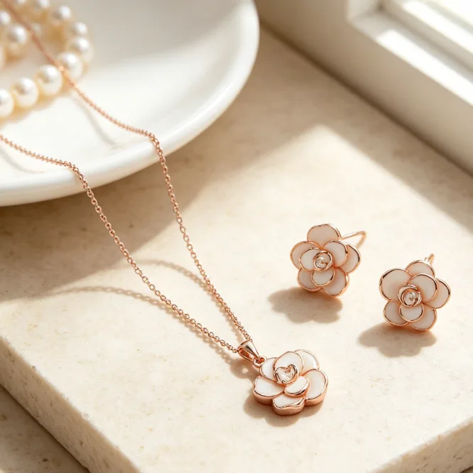 Elegant Enamel Rose Flower Pendant Thin Chain Necklaces Matching Layered Petal Rose Floral Stud Earrings Women Daily Dating Sweet Floral Jewelry Sets view 3