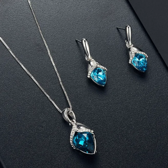 Violet Teardrop Charms Halo Wrap Pendant box Chain Necklaces Smooth Dangle Earrings Bridal Wedding Elegant Jewelry for women sets