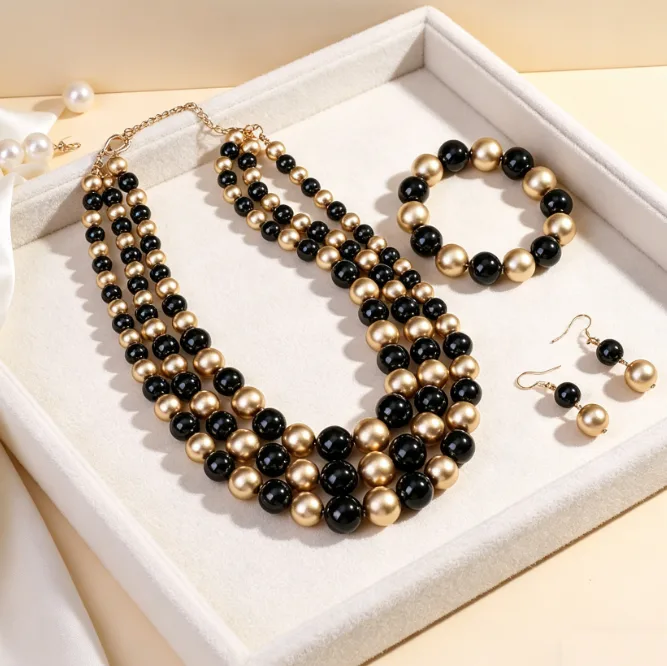 Multi Strand mix Black Cream beaded Imitation Pearl Necklaces Earrings Stretchable Mixed Bracelets Women Statement Jewelry Sets