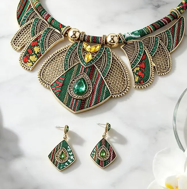 Bohemian Ethnic Green Fabric Rhinestone Inlaid Petal Statement Collar Necklaces Rhombus Dangle Earrings Women Retro chunky Jewelry Sets view 3