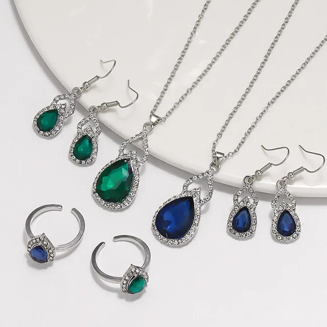 Luxury Emerald Tone Teardrop Halo Pendant Thin Link Necklaces diamond Hook Drop Earrings Charms rings bracelet Women Wedding Evening Gala Statement Jewelry Sets view 3