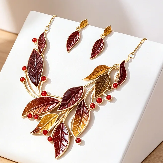 Autumn Gradient Enamel Leaf Branch Red Crystal Inlaid Bib Necklaces Two Tone Leaf Drop Earrings Retro Nature Women Fashion Statement Jewelry view 2