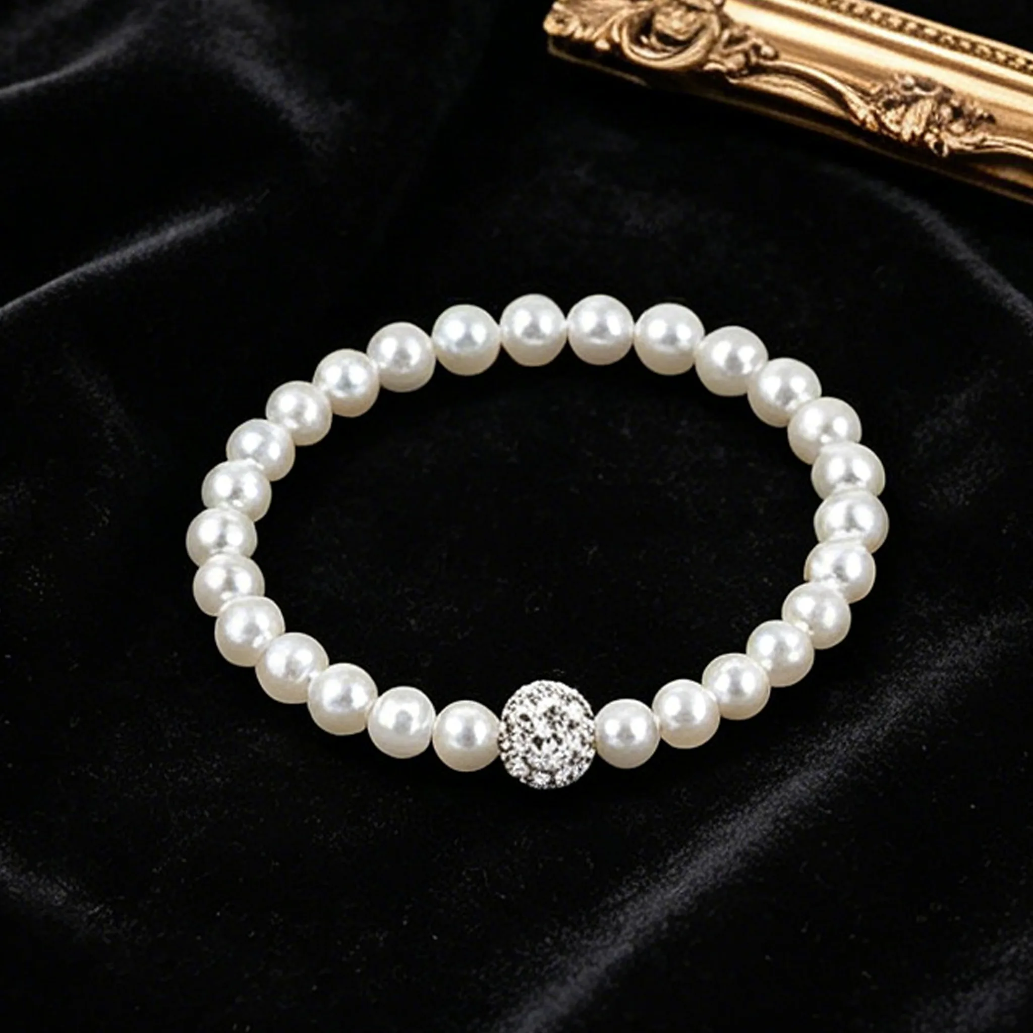 Classic Round white Imitation Pearl Necklaces Rhinestone Earrings Single Strand Pearl Bracelets for Women mother day gift Jewelry Sets view 3