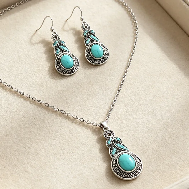 Vintage Hollow Filigree Leaf Shape Teardrop Inlaid Pendant Adjustable Extension Chain Turquoise Necklaces Long Hook Dangle Ear Drops Women Boho Vacation Elegant Jewelry Sets