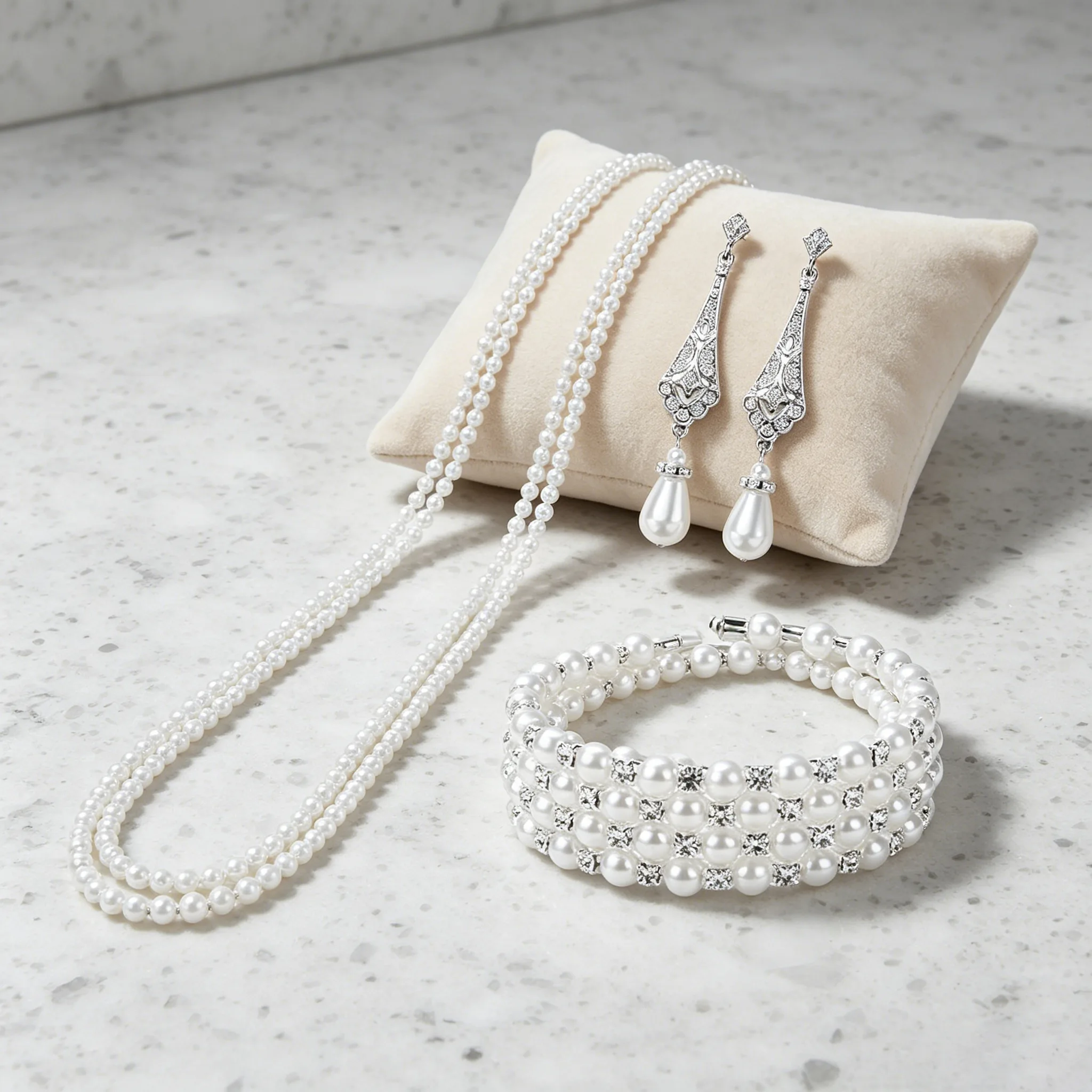 Minimalist Thin Rhinestone Charm beaded long Necklaces Drop Earrings Imitation Pearl Bracelets Women fashion wedding Multilayer Jewelry Sets