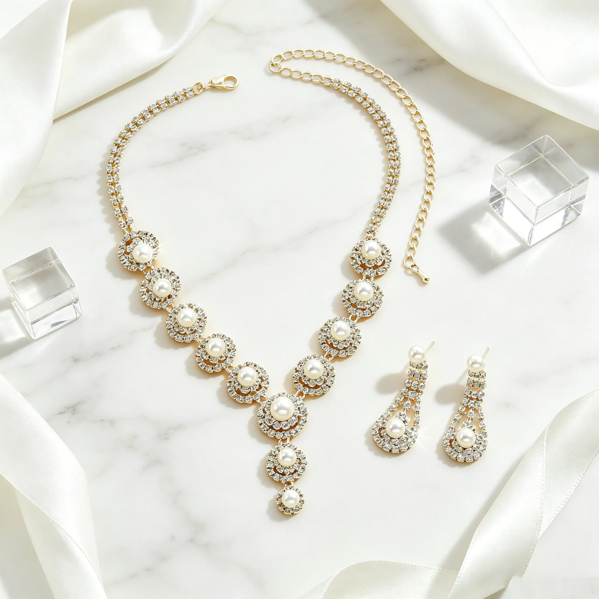 Vintage Floral Frame Pearl Rhinestone Y Drop NecklacesTeardrop Earrings Women Bridal Banquet Prom luxury Jewelry Sets