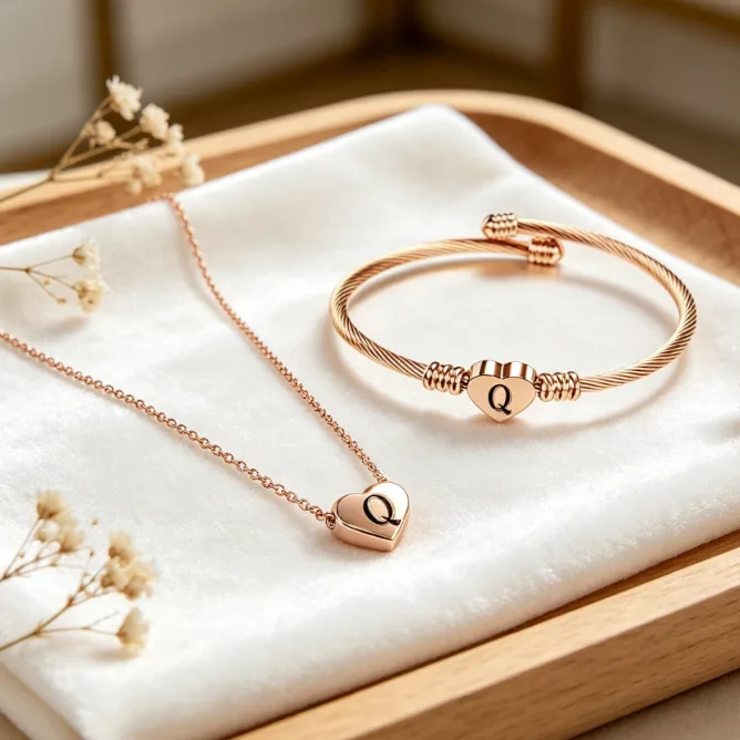 Engraved Initial A-Z Heart Pendant Thin stainless steel chain necklaces Letter Cuff Bangles Women Minimalist Statement Jewelry Sets view 2