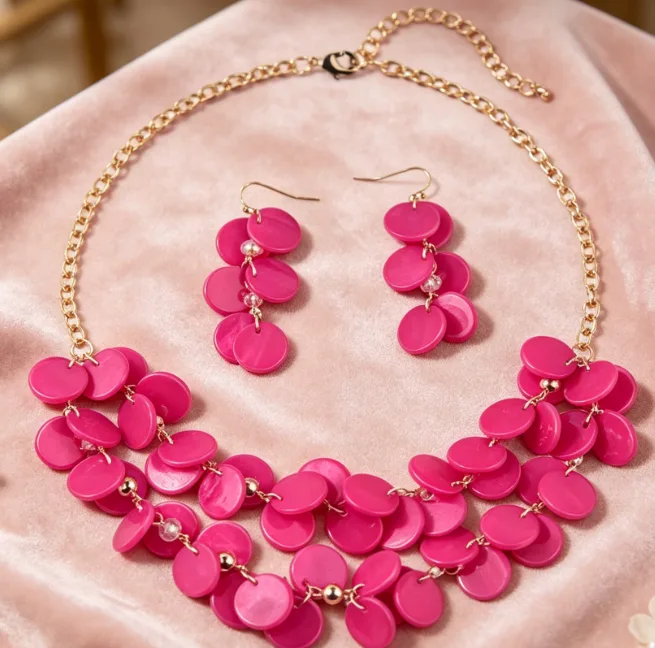 Fuchsia Round Shell Flake Collar Choker Adjustable Chain Necklaces Hook Drop Ear Charms Beach Boho Vacation Statement Jewelry for women