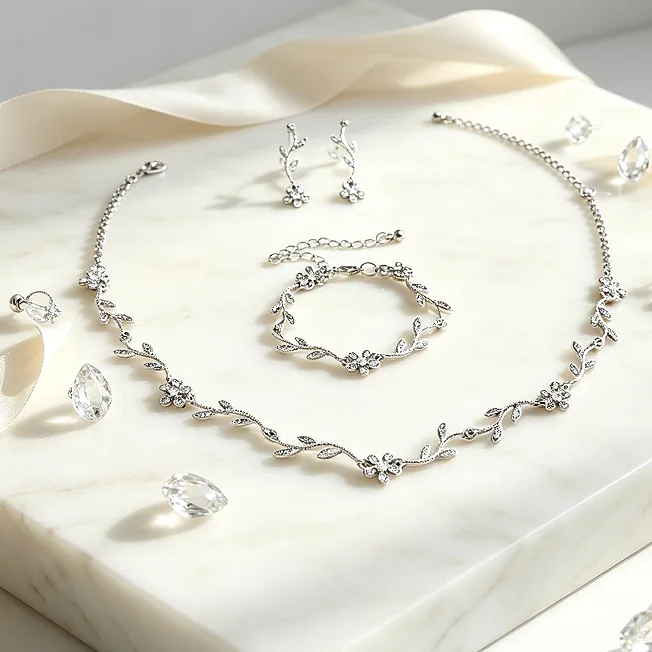 Romantic Floral Leaf Rhinestone Inlaid Choker Necklaces Flower drop Earrings Bracelets for Women Bridal fashion Jewelry Sets