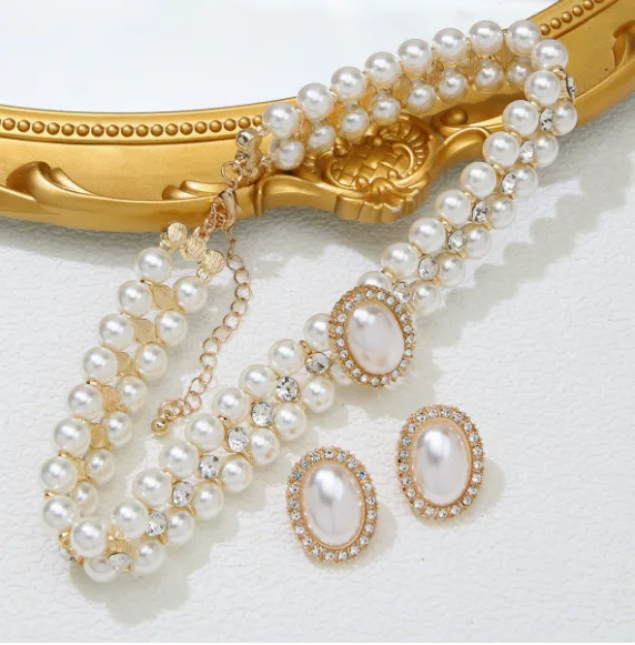 Vintage Multi Row Pearl Choker Necklaces Oval Framed Pearl Stud Earrings Bridal Retro Banquet Jewelry Sets for Women view 2