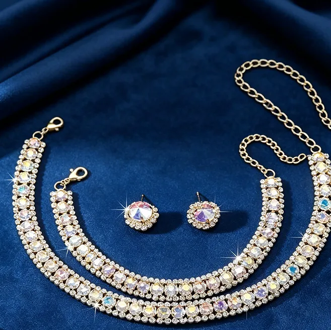 luxury All Round Rhinestone Choker Necklaces diamond Stud Earrings Tennis Bracelets Women Wedding party Bridal Jewelry Sets