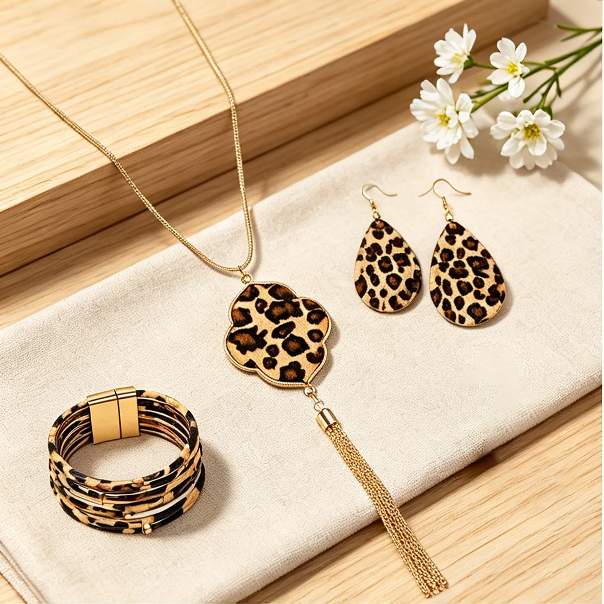 jewelry sets boho vintage Leopard print magnetic clasp leather bracelet earrings flower pendant necklaces for women set