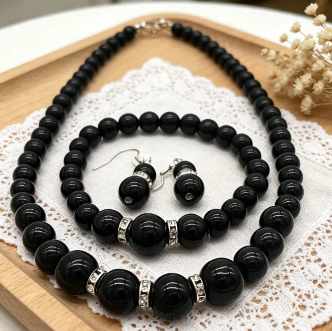 Minimalist Black Imitation Pearl Single Strand Necklaces Dangle Earrings Beaded Stretch Bracelets Women vintage Jewelry Sets view 2